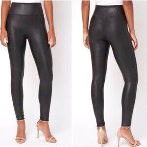 SPANX Faux Leather Metallic Black Leggings Womens Large High Rise Stretch Skinny